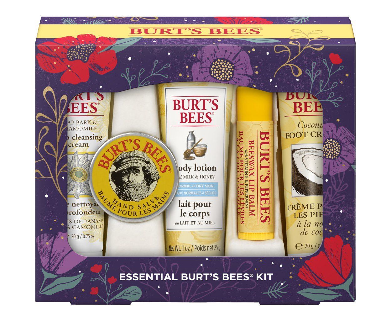 A Burt's Bees Essential Kit in a decorative box, featuring various lip and body care products with a floral design.