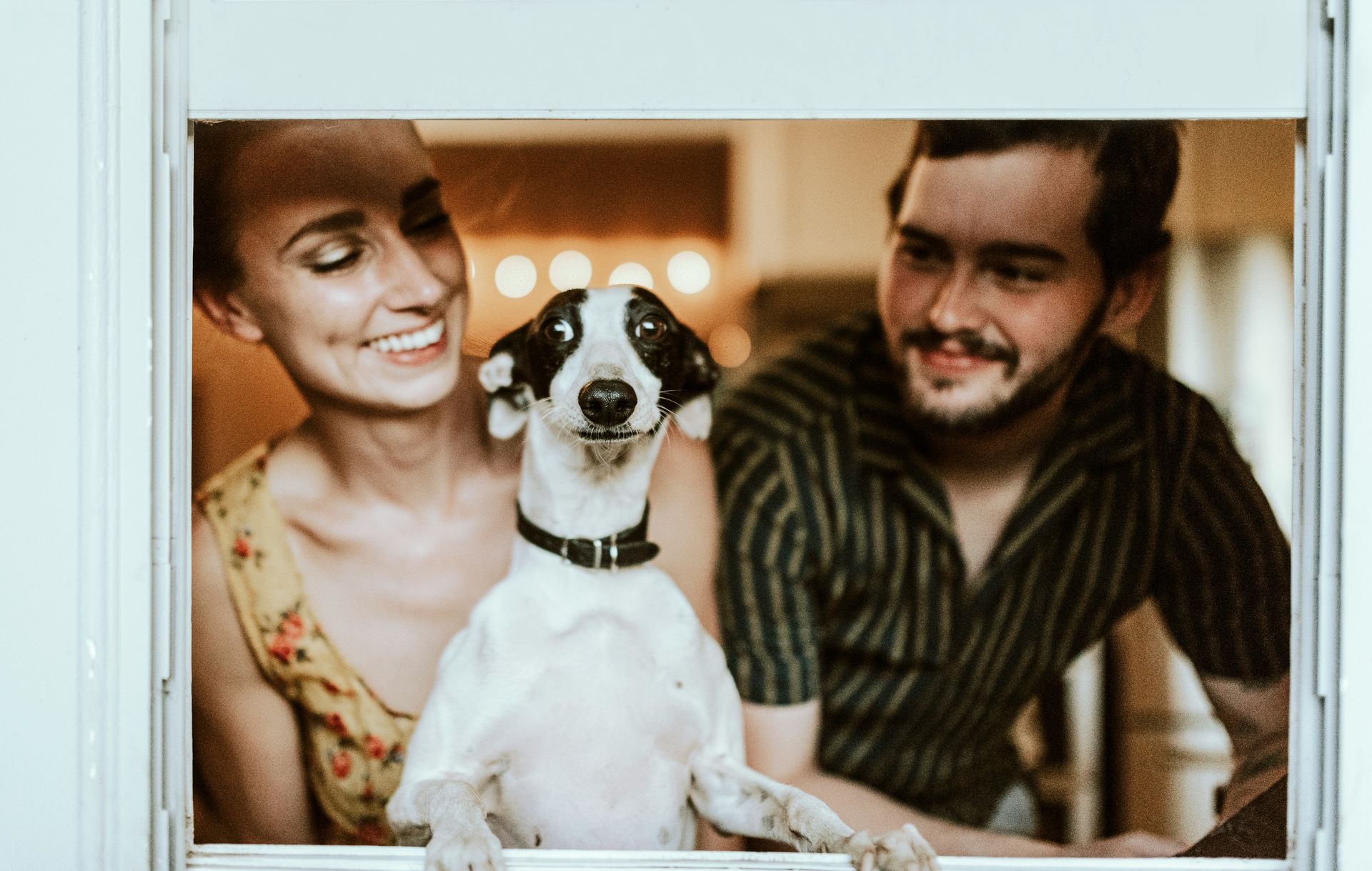 A smiling couple and a dog looking out a window. The dog is mostly white with black spots.