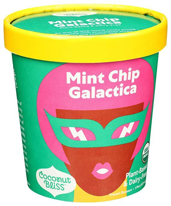 A carton of Coconut Bliss Mint Chip Galactica ice cream, with a green and pink label featuring a superhero-like face.