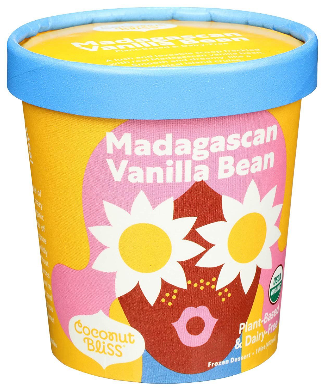 A container of Coconut Bliss Madagascan Vanilla Bean ice cream with a yellow background and flower-like design.