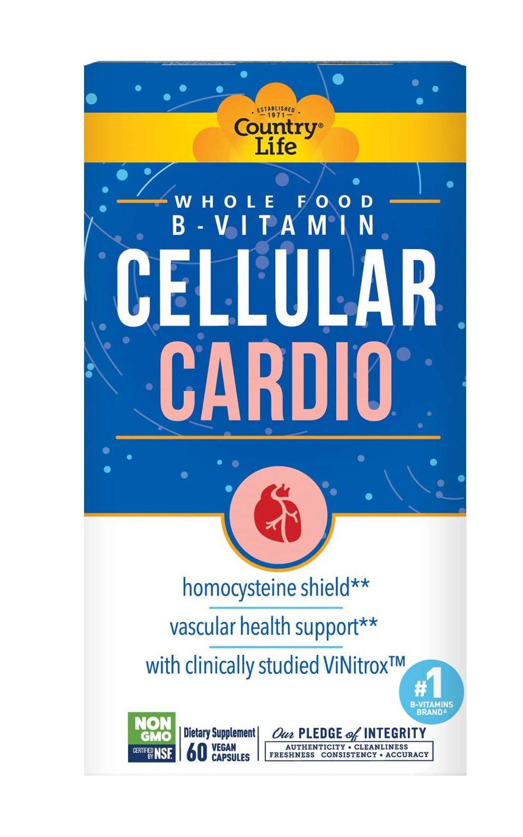 Box of Country Life Cellular Cardio supplements; blue, yellow, and white packaging; heart graphic.