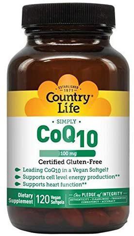 Bottle of Country Life CoQ10 dietary supplement. The brown bottle features a yellow label with the brand name, 
