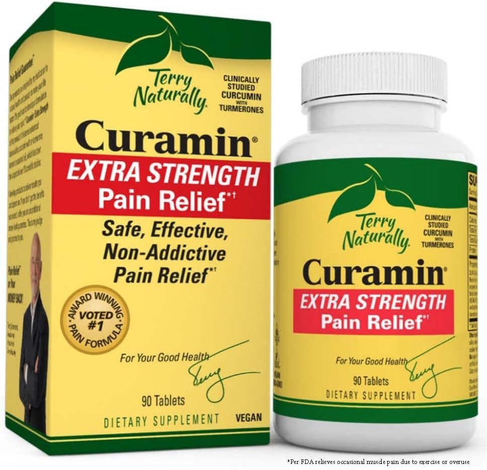Curamin Extra Strength Pain Relief bottle and box. The box is yellow and green, with the bottle of tablets next to it.