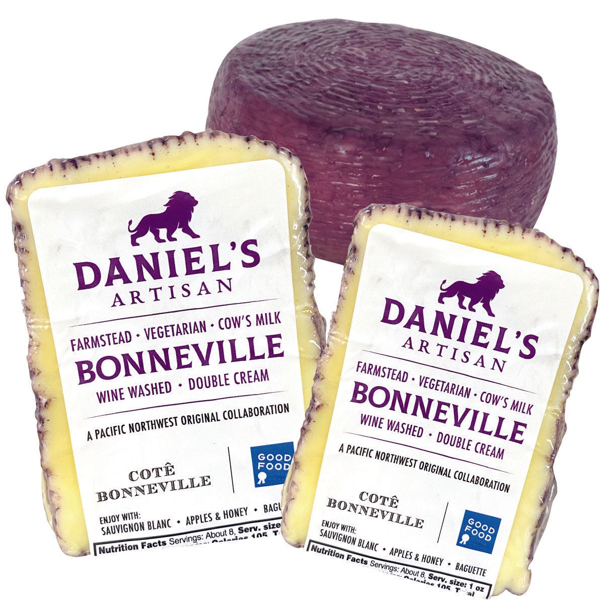 Two square blocks and a round block of Bonneville cheese, wrapped in purple. Labels indicate it is artisan, farmstead, vegetarian, cow's milk.