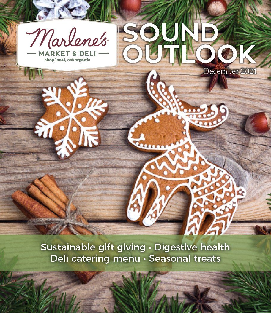 Marlene's Market & Deli magazine cover: gingerbread reindeer and star on a wooden table.