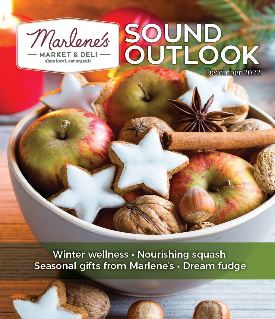 Marlene's Market & Deli ad: Bowl of festive treats, including apples, star cookies, and walnuts.