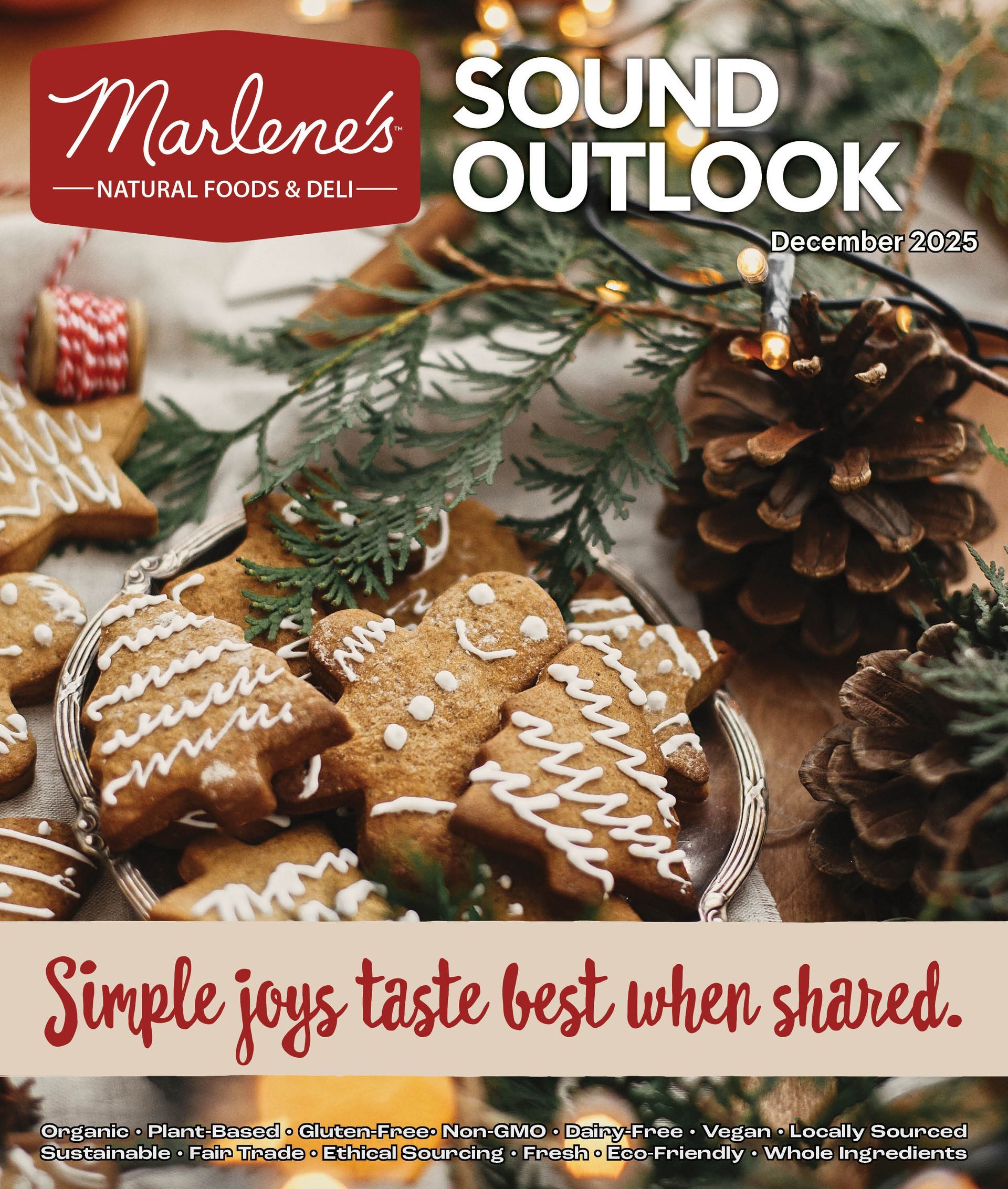 Marlene's Natural Foods & Deli Sound Outlook cover with Christmas cookies and pinecones.
