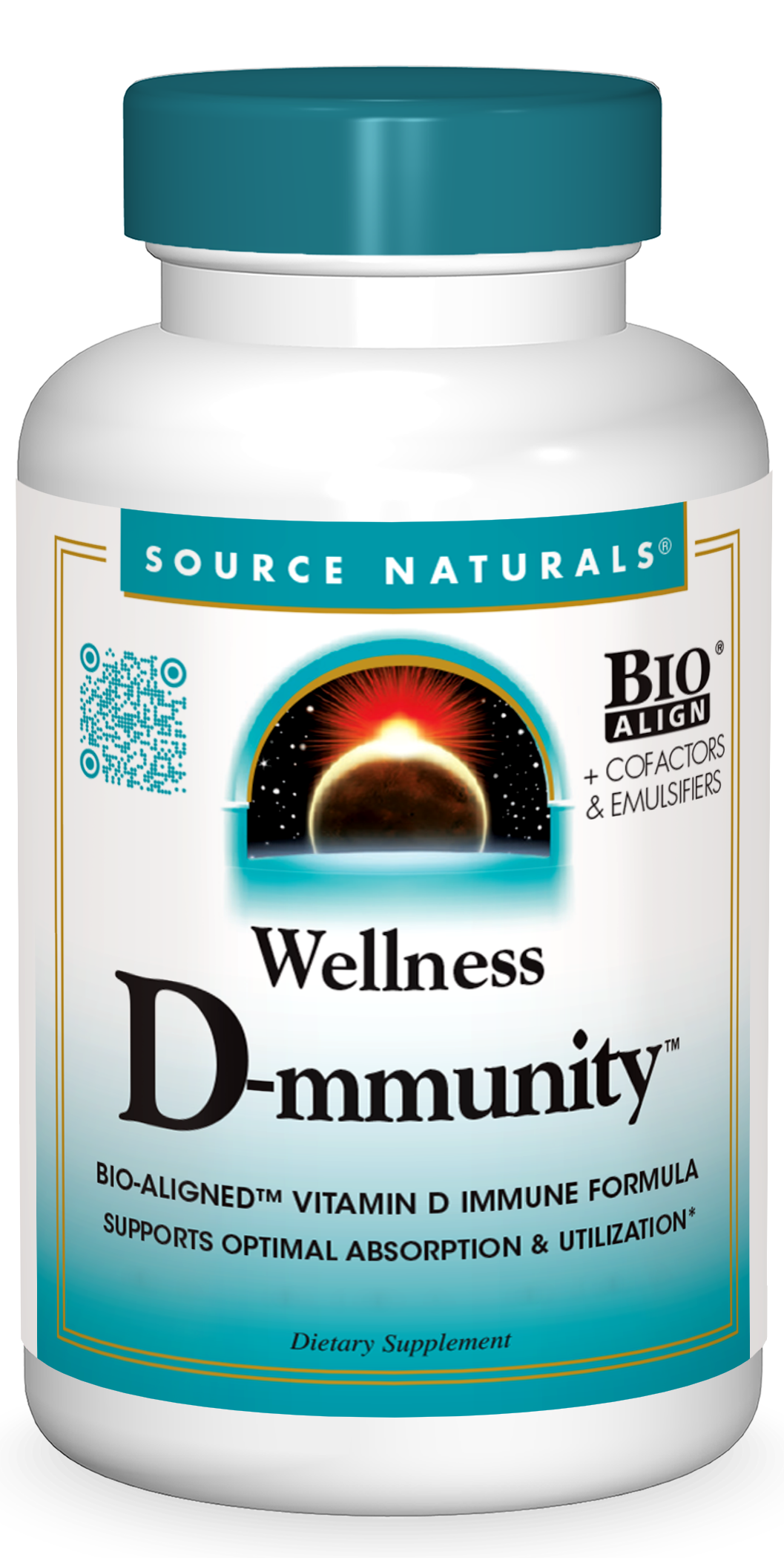 Bottle of Source Naturals Wellness D-immunity supplements. White bottle with a teal cap and label with a sunrise design.