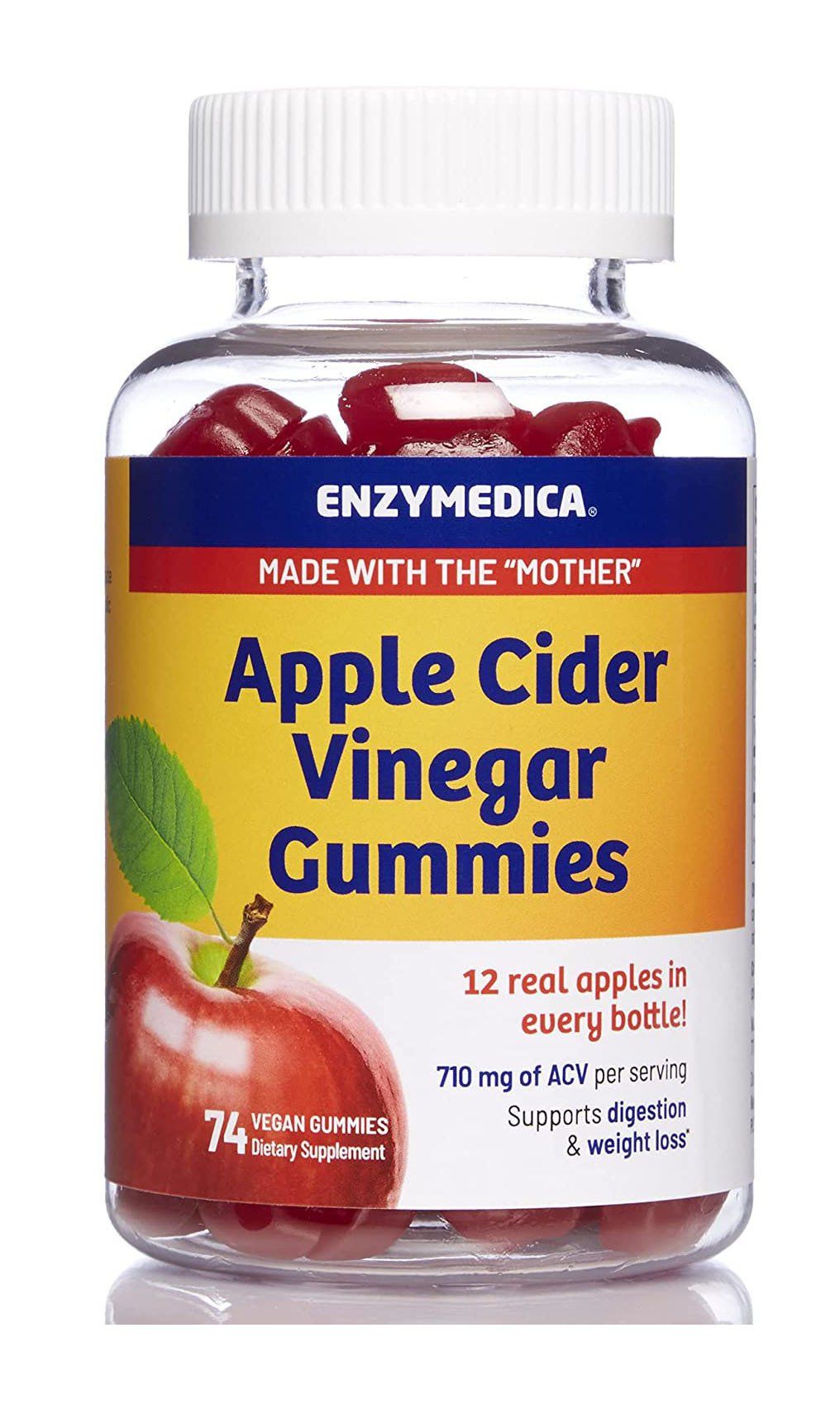 Bottle of Enzymedica Apple Cider Vinegar Gummies, with red gummies visible inside. The label features a red apple and text on a yellow background.