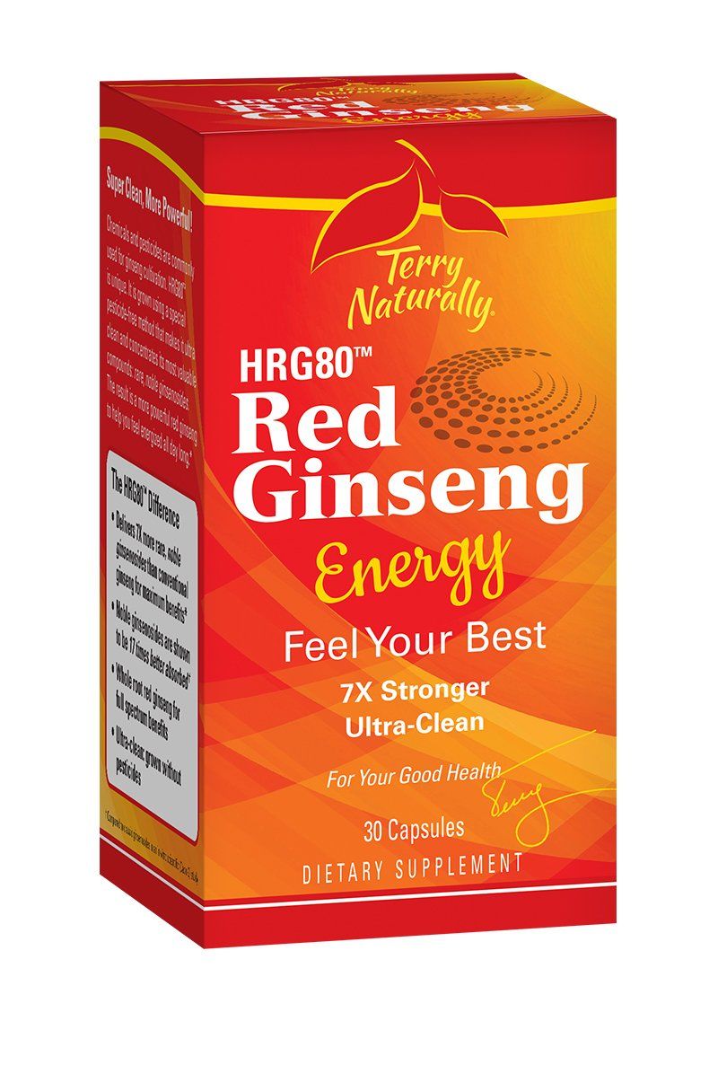 Box of Terry Naturally HRG80 Red Ginseng Energy supplements, orange and red packaging, claims 
