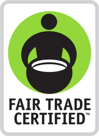 Fair Trade Certified logo: Black person with a bowl in a green circle, over 