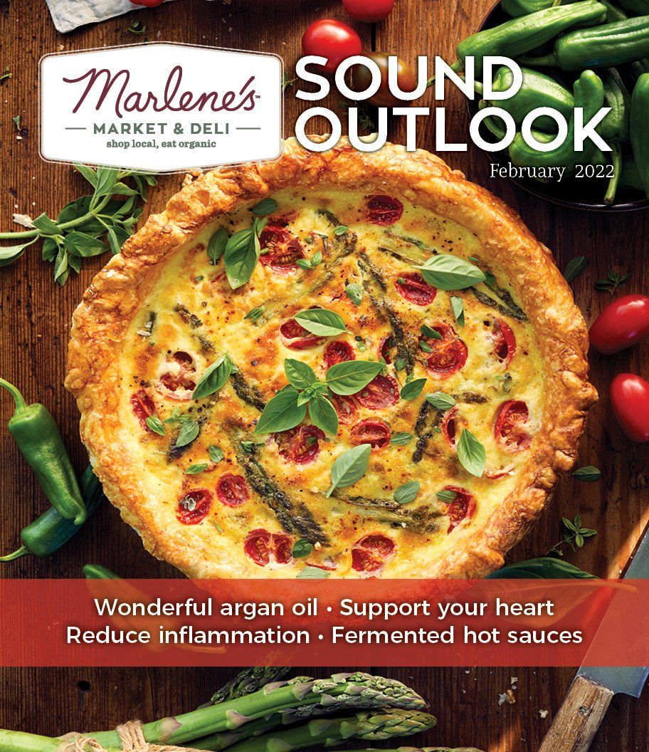 Marlene's Market & Deli cover: Quiche with tomatoes, asparagus, and text about food.