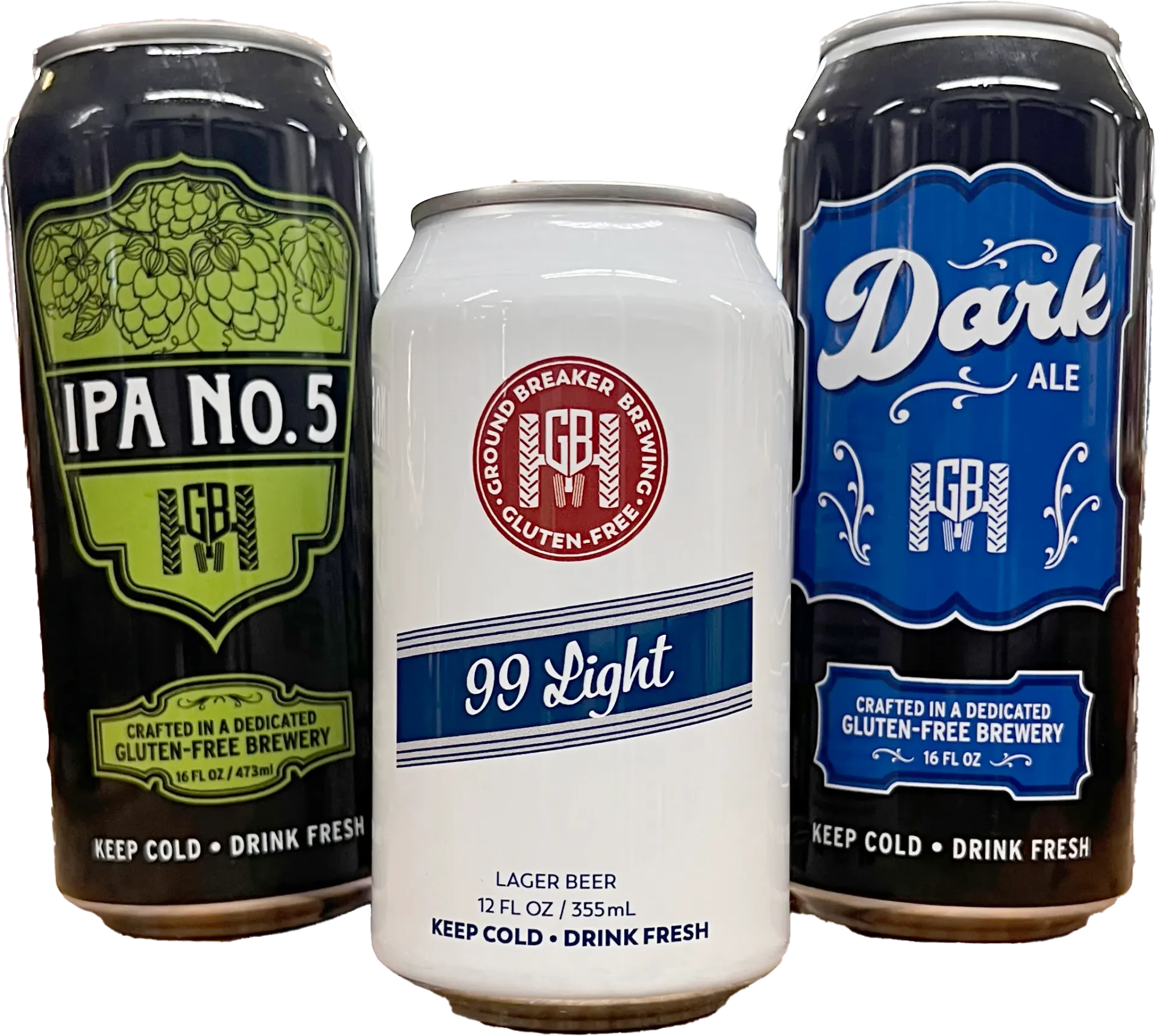 Three beer cans, IPA, light, and dark ale, on a light background. Each can has a unique label and design.