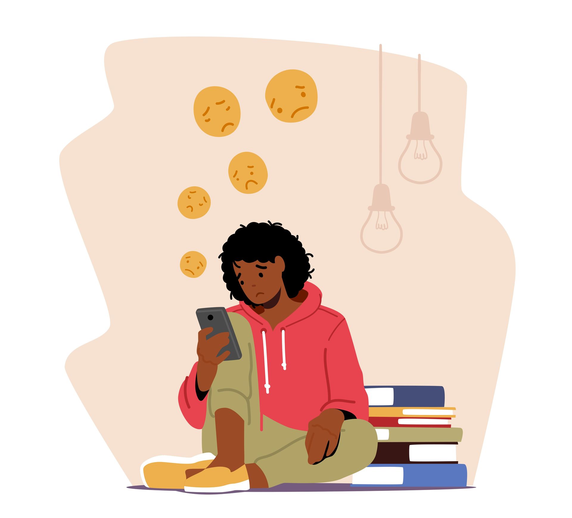 A young Black person sits on the floor with a phone, looking down with a sad expression. Sad face emojis float above them, with books and lightbulbs in the background.