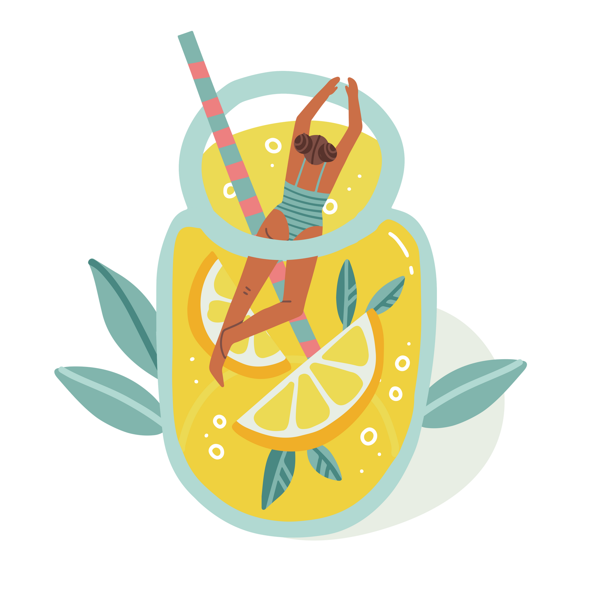 A person in a swimsuit swims in a large glass of lemonade, with lemon slices, green leaves, and a straw.