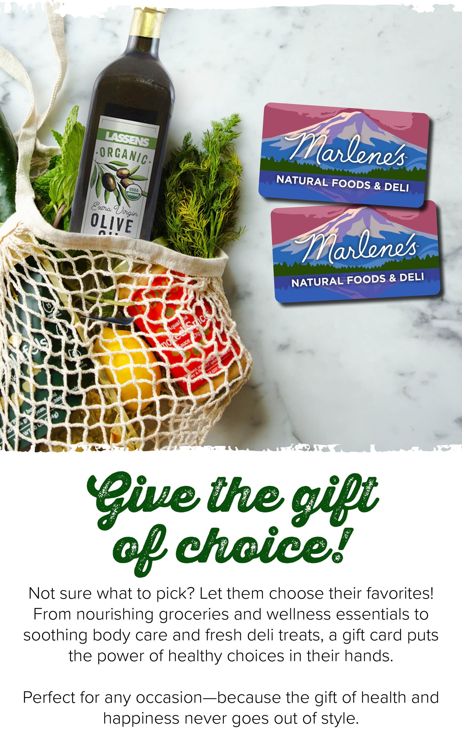 String bag with groceries, gift cards. Text: