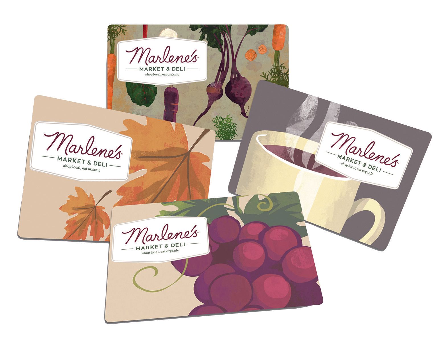 Five gift cards from Marlene's Market & Deli, each featuring a different food item and background: vegetables, autumn leaves, grapes, and a mug of warm beverage.