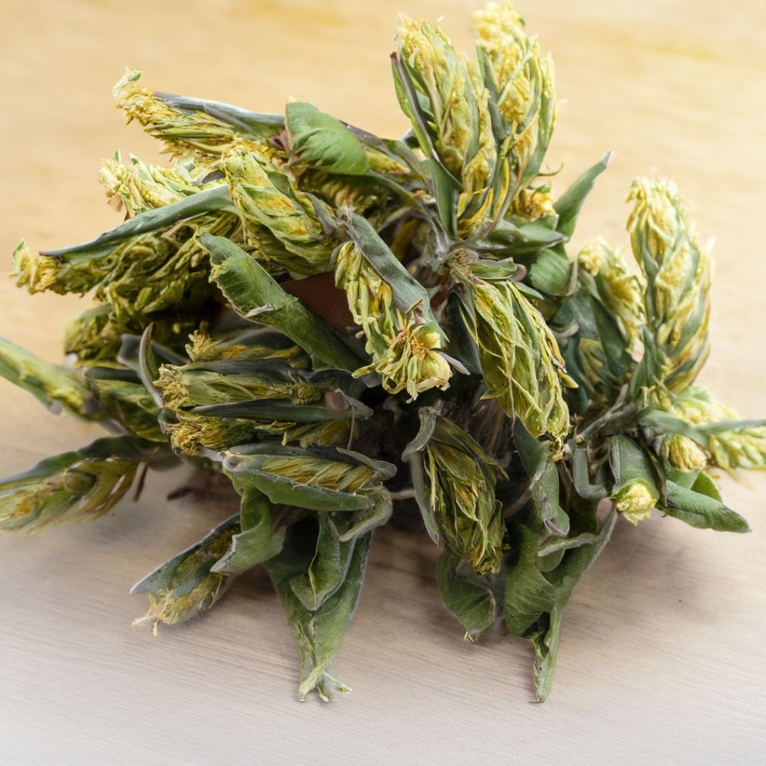 Dried plant cluster with green leaves and yellowish flower heads, on a light wooden surface.
