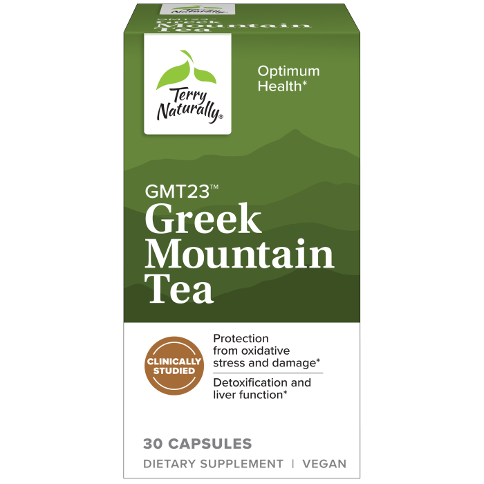 Box of Terry Naturally GMT23 Greek Mountain Tea capsules, green and white with a mountain illustration.