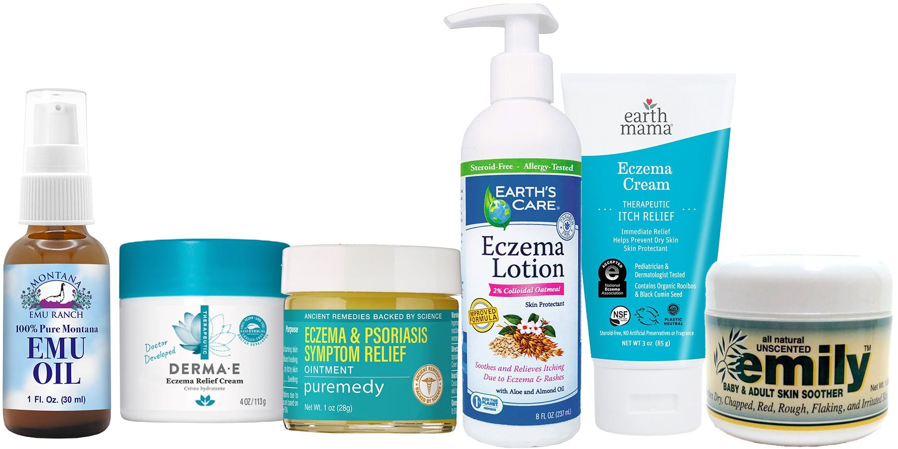 Assortment of skincare products for eczema, including lotions and creams. Bottles and jars of various sizes and designs are displayed.