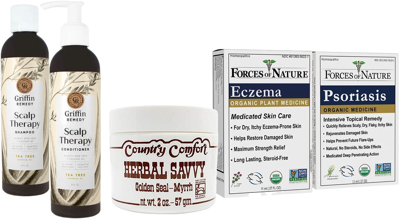 Products for scalp therapy, eczema, and psoriasis, including shampoos, cream, and herbal remedies.