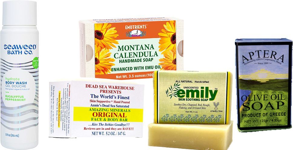 Assortment of natural soaps and body wash, including brands like Seawood Bath Co., Montana Calendula, and Aptera Olive Oil Soap.