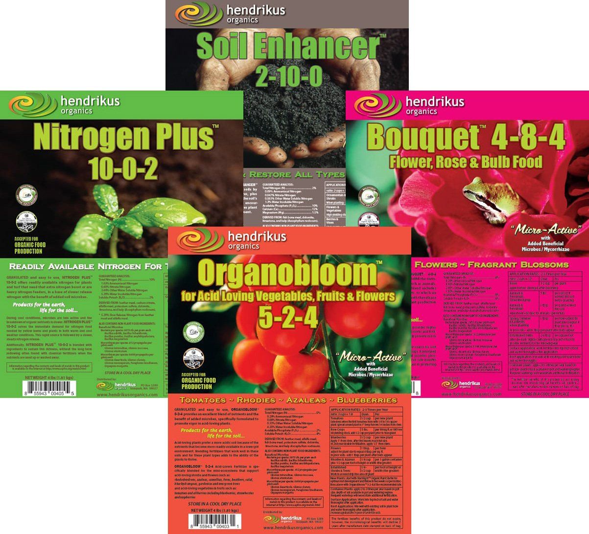 Five fertilizer product packages, with labels showing different NPK ratios and uses, in a variety of colors.