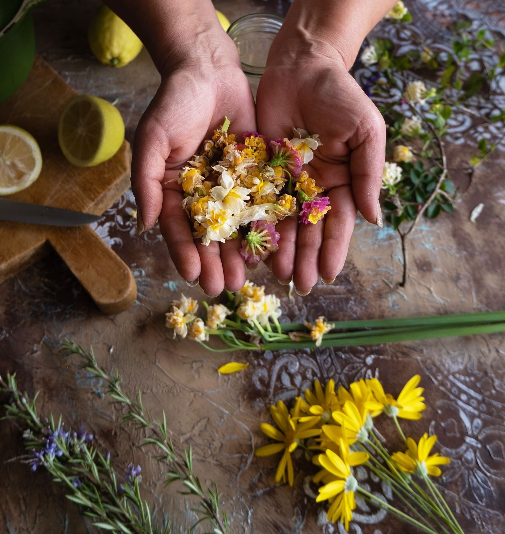 Hands holding a handful of small, colorful flowers, surrounded by herbs, lemons, and yellow flowers on a rustic surface.