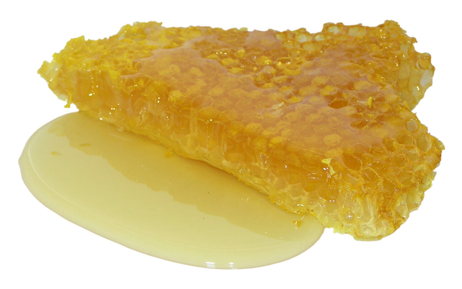 Honeycomb dripping with golden honey, resting on a puddle of honey.