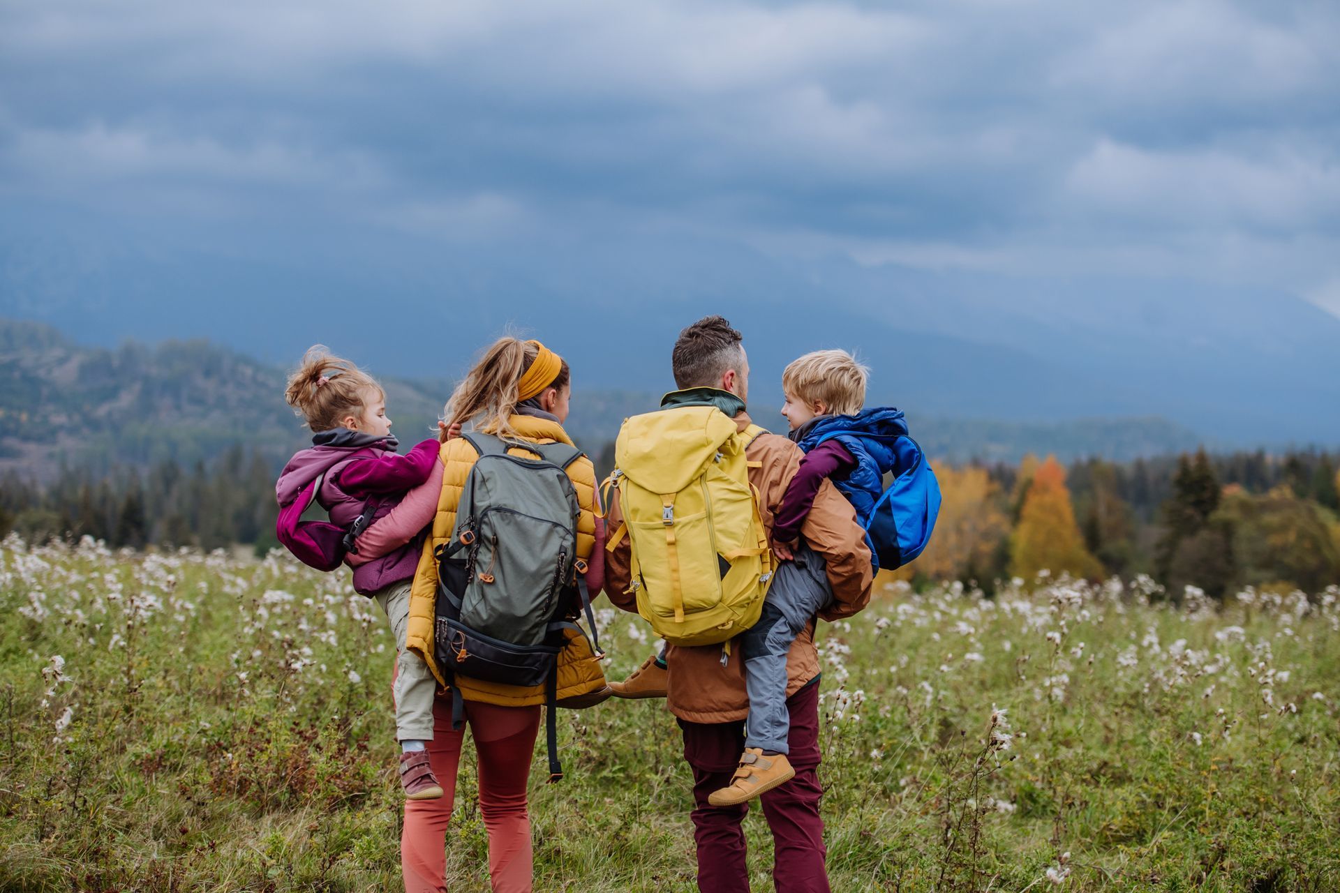 Family hiking in a field with backpacks, parents carrying young children, looking at mountains under cloudy sky.