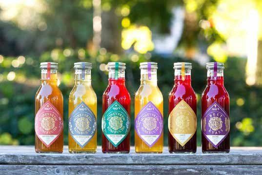 Six colorful glass bottles of juice with decorative labels sit outdoors on a stone surface against a blurred green background.