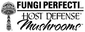 Logo of Fungi Perfecti, Host Defense Mushrooms, with a stylized mushroom illustration.