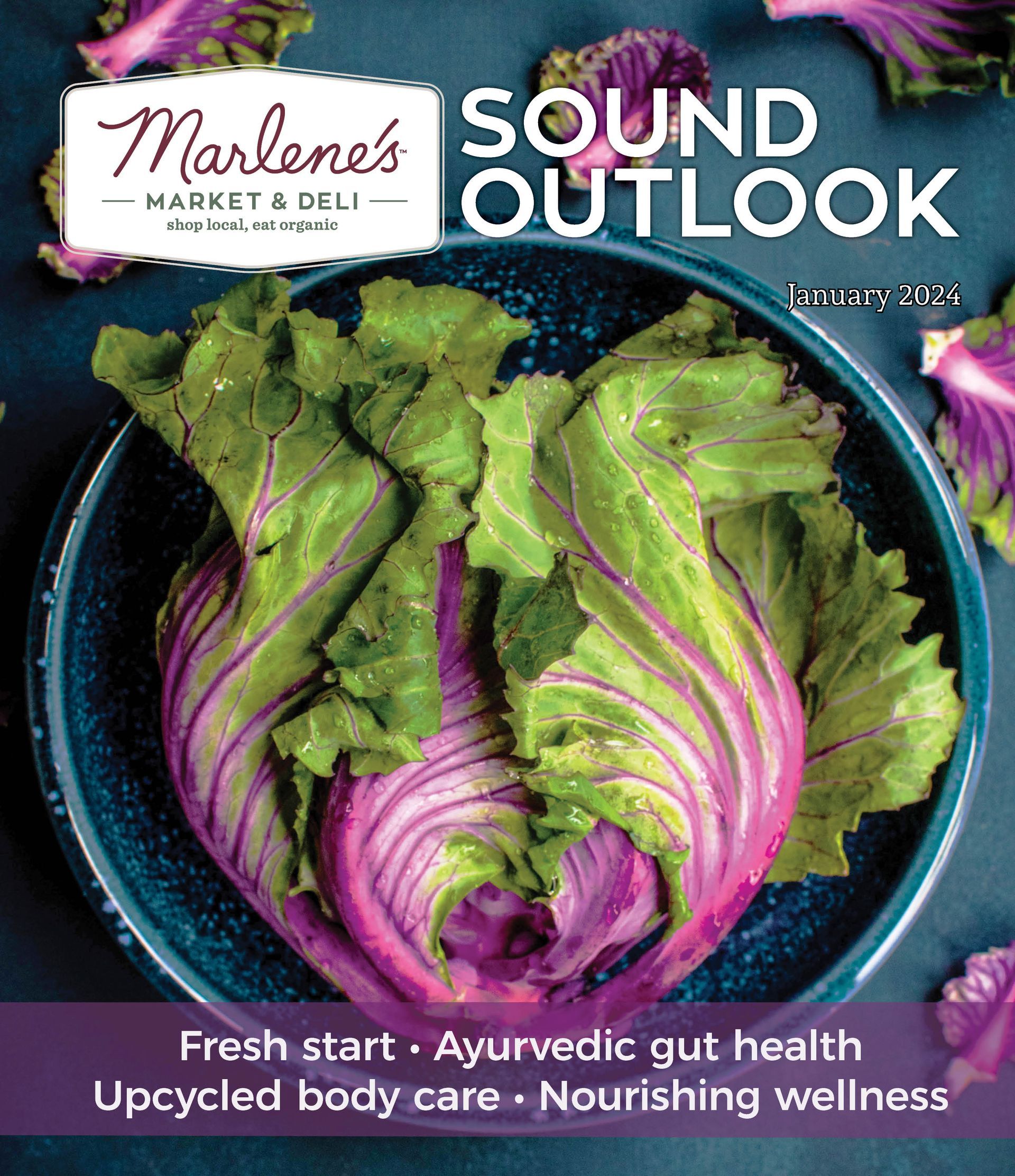 Magazine cover for Marlene's Market & Deli. Features purple and green vegetable in a bowl, with the text 