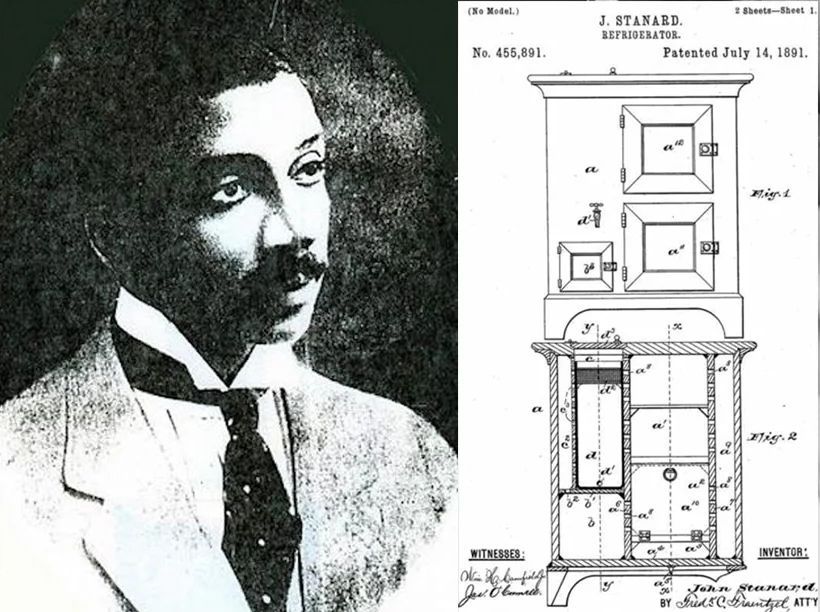 Portrait of John Standard and a schematic drawing of his patented refrigerator design. The drawing is in black and white, showing its internal components.