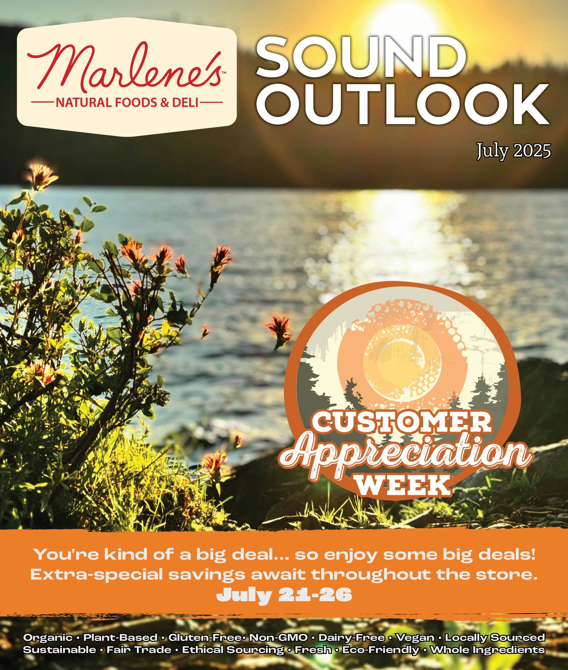 Marlene's Natural Foods & Deli ad for Customer Appreciation Week, July 21-26. Sunset over a lake.