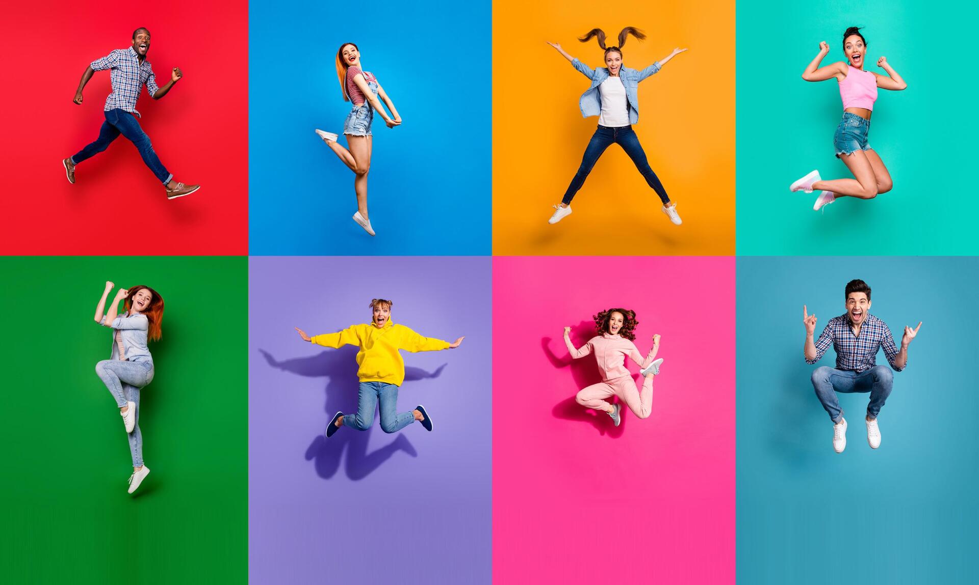 Eight people jumping in the air against colorful backgrounds. Joyful expressions, active poses, and bright colors.