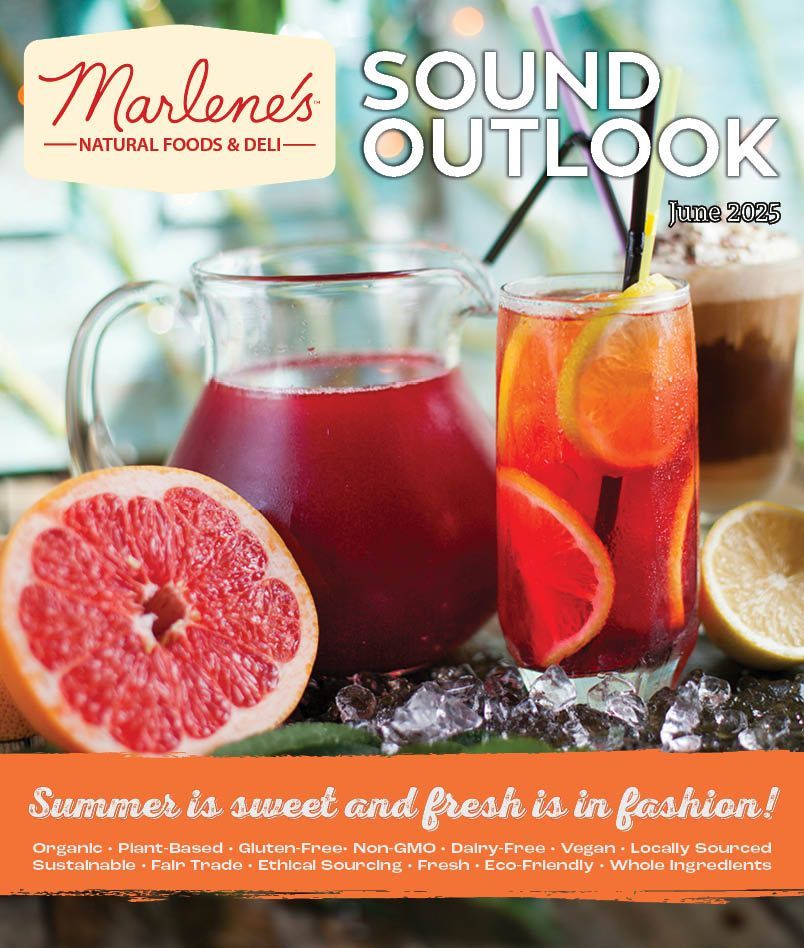 Marlene's Sound Outlook magazine cover. A grapefruit, a pitcher, and a glass of beverage with ice and lemon slices.
