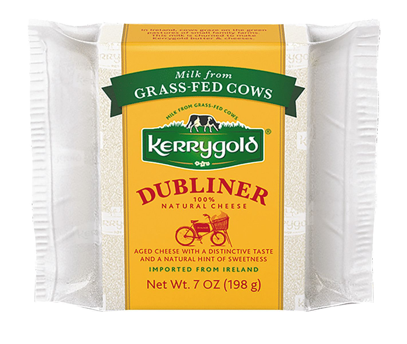 Kerrygold Dubliner cheese packaging. Yellow box with green banner stating 