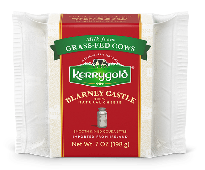 Kerrygold Blarney Castle cheese package with red, gold, and white labeling, wrapped in clear plastic.