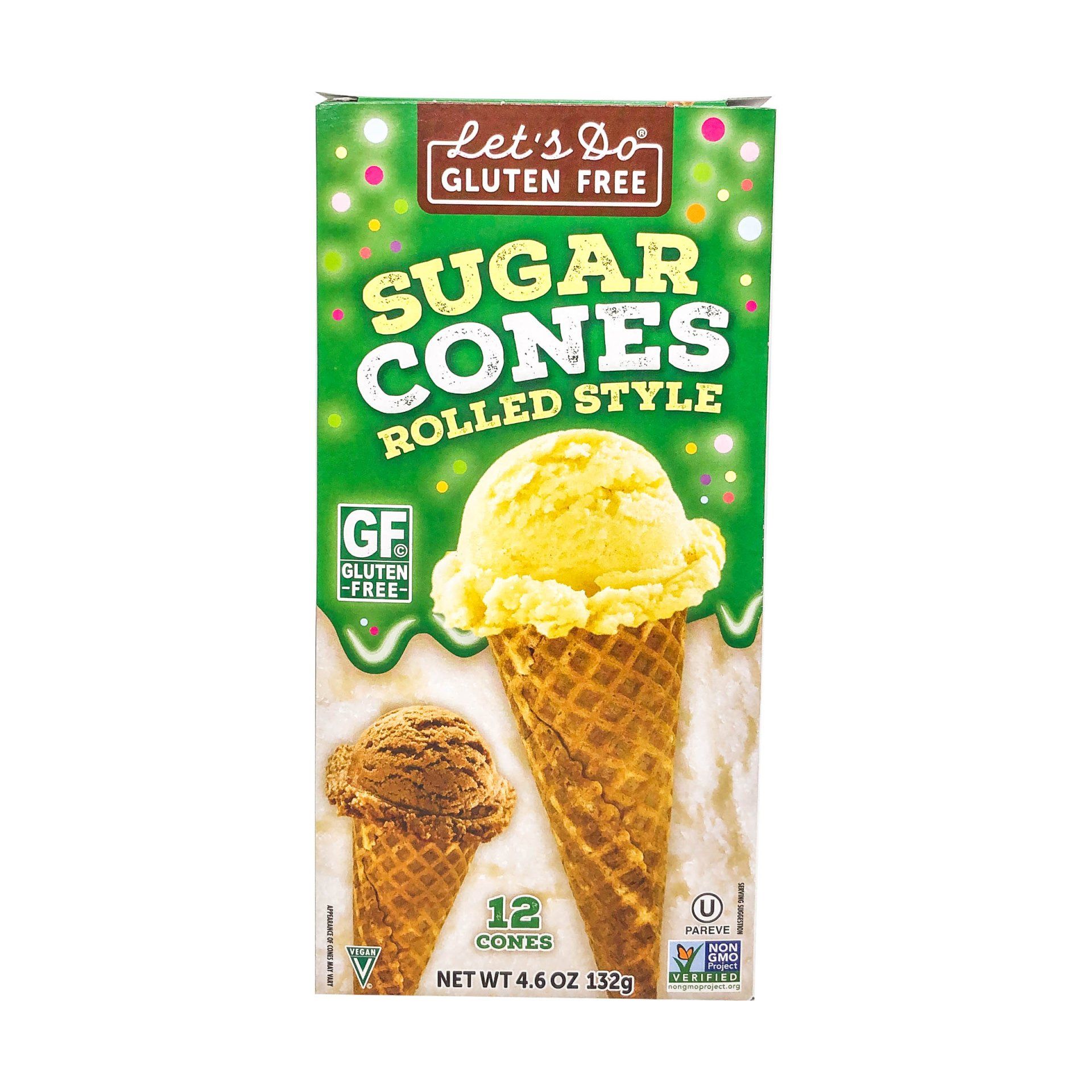 Box of Let's Do Gluten Free sugar cones with ice cream. The box is green with the product name and pictures of ice cream cones.
