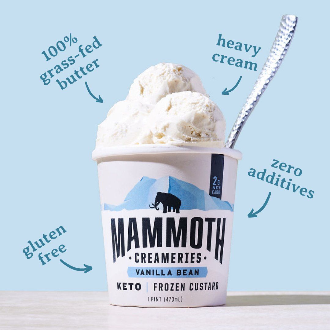 A pint of Mammoth Creameries Vanilla Bean Keto Frozen Custard with descriptive arrows pointing to ingredients: 100% grass-fed butter and heavy cream.