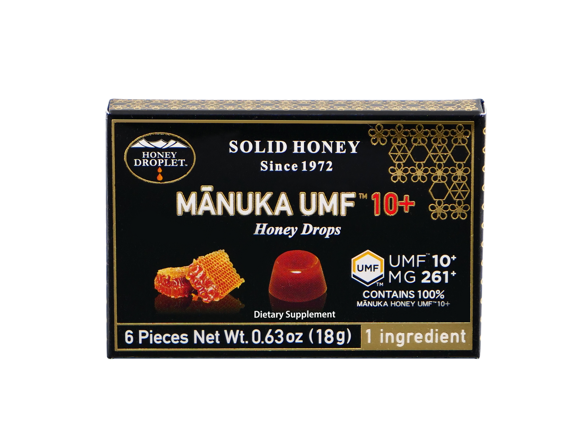Box of Manuka UMF 10+ honey drops. Contains six solid honey drops and information about the product's quality and ingredients.