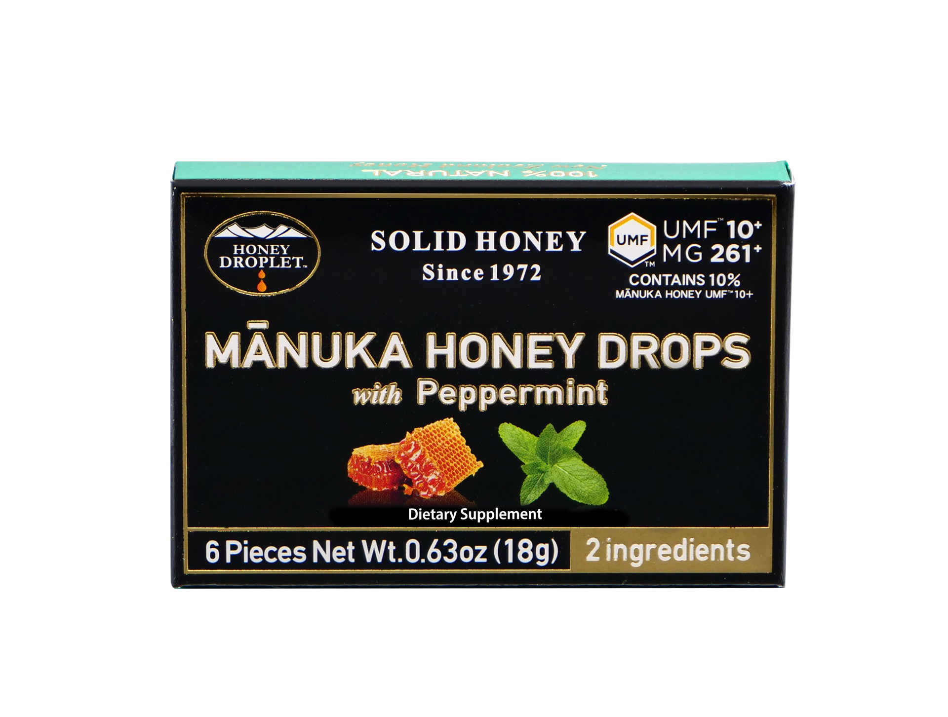 Box of Manuka honey drops with peppermint. Features branding, net weight, and ingredients.
