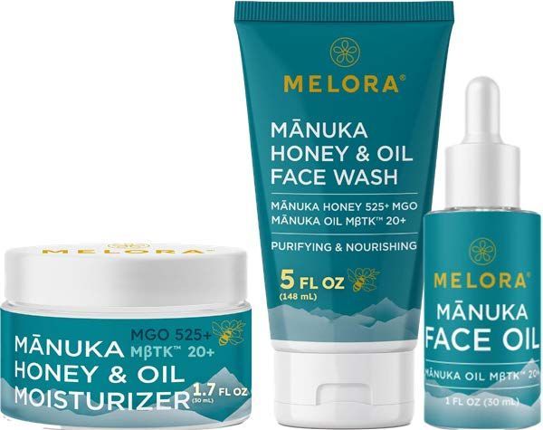Melora skincare products: moisturizer, face wash, and face oil. All feature Mānuka honey and oil, with teal and white packaging.