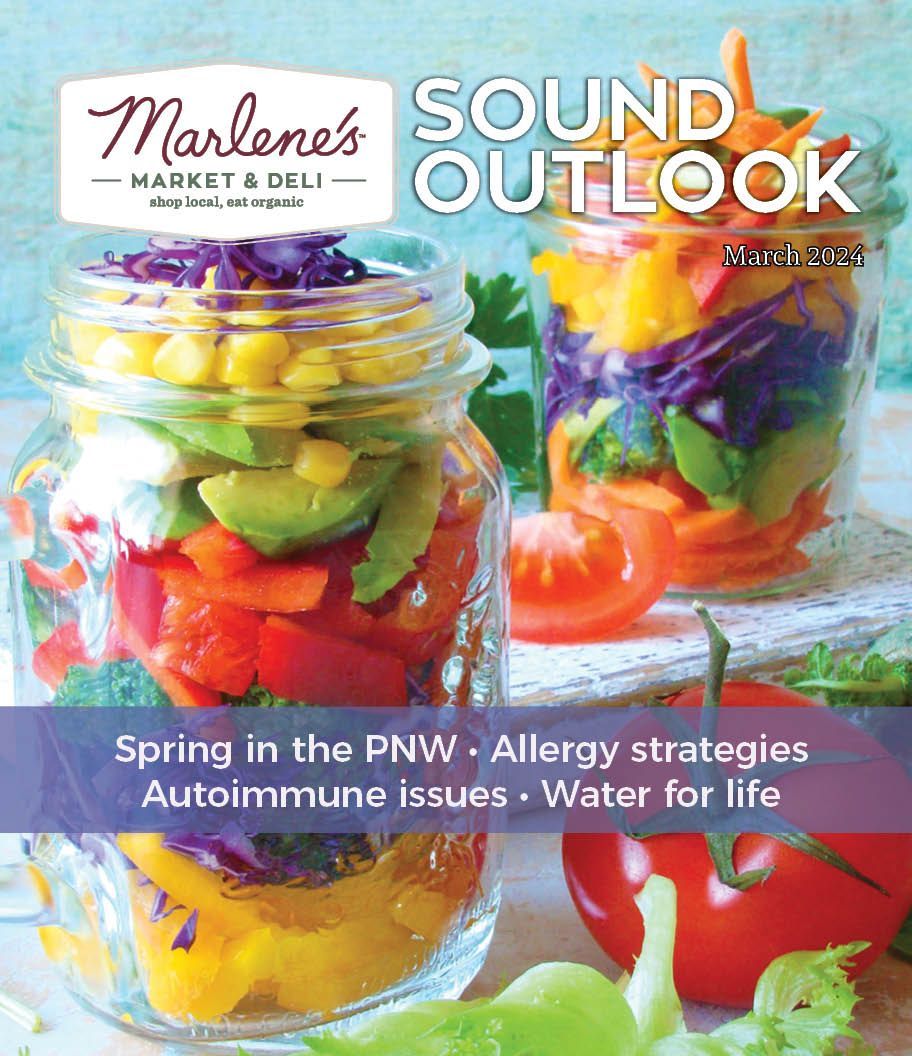 Marlene's Market & Deli magazine cover. Colorful layered vegetables in jars. Keywords: Spring, allergy, autoimmune, water.