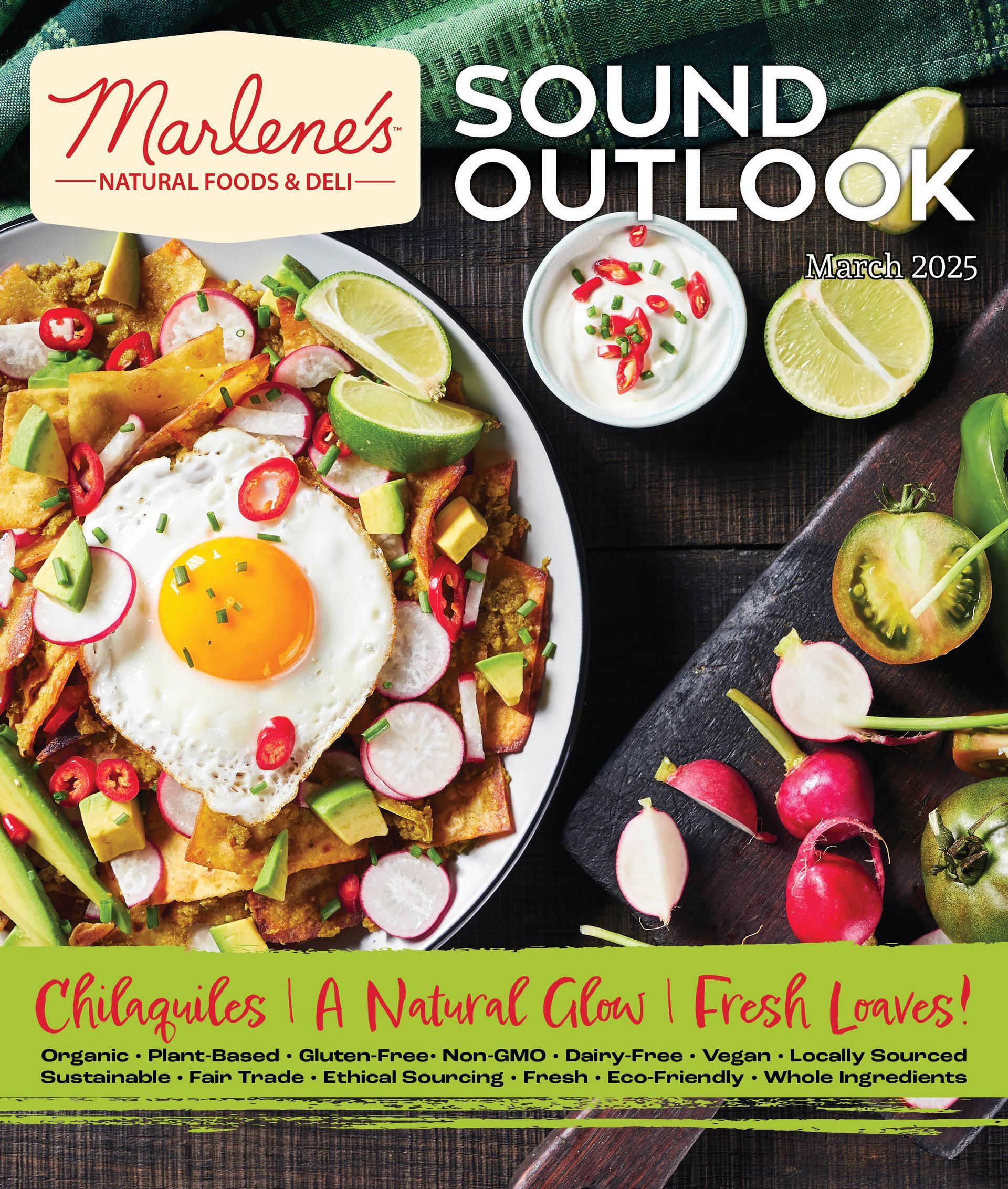 Magazine cover for Marlene's Natural Foods & Deli, featuring chilaquiles with an egg, radishes, lime, and avocado.