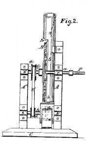 Diagram of a scientific instrument, likely a barometer, with a vertical glass tube and various labeled mechanical components.