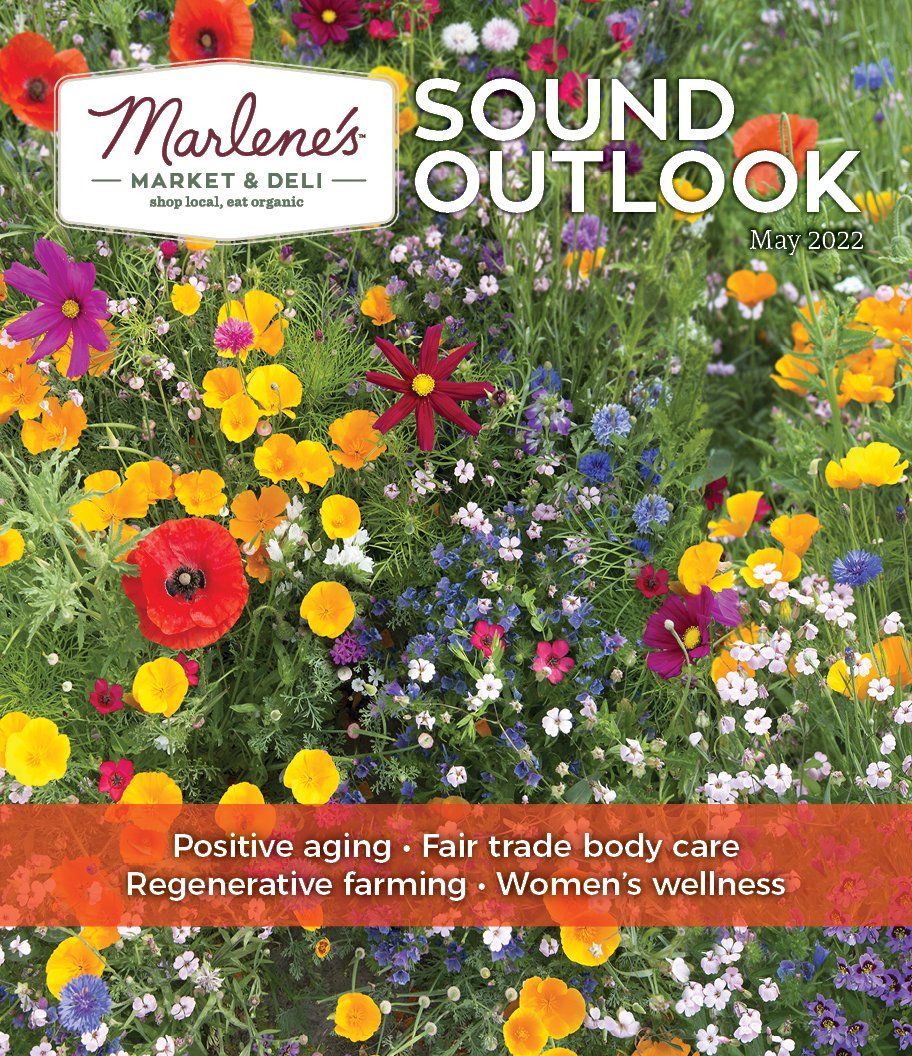 Magazine cover for Marlene's Market & Deli with floral background and text: 