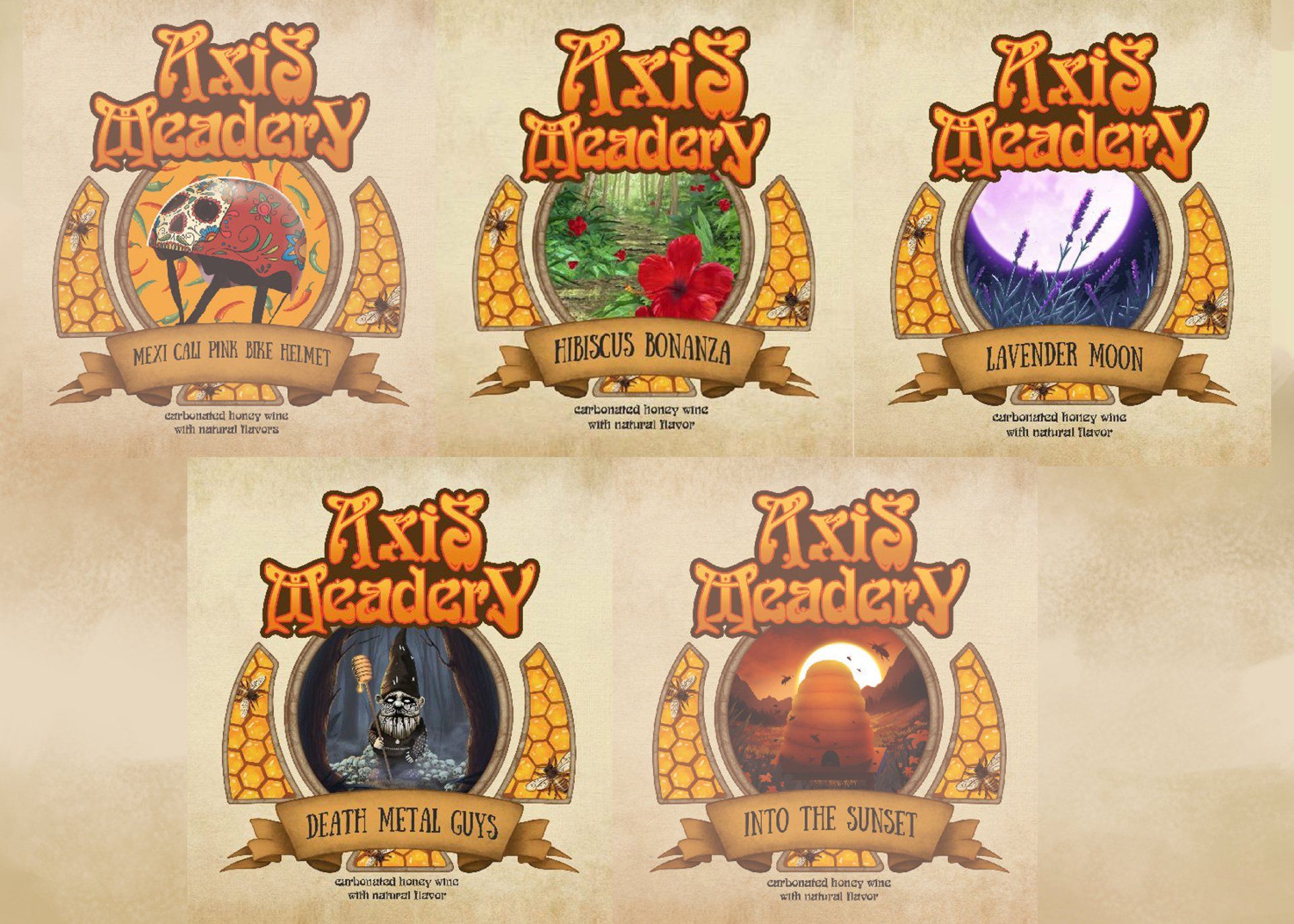 Five mead labels with the 