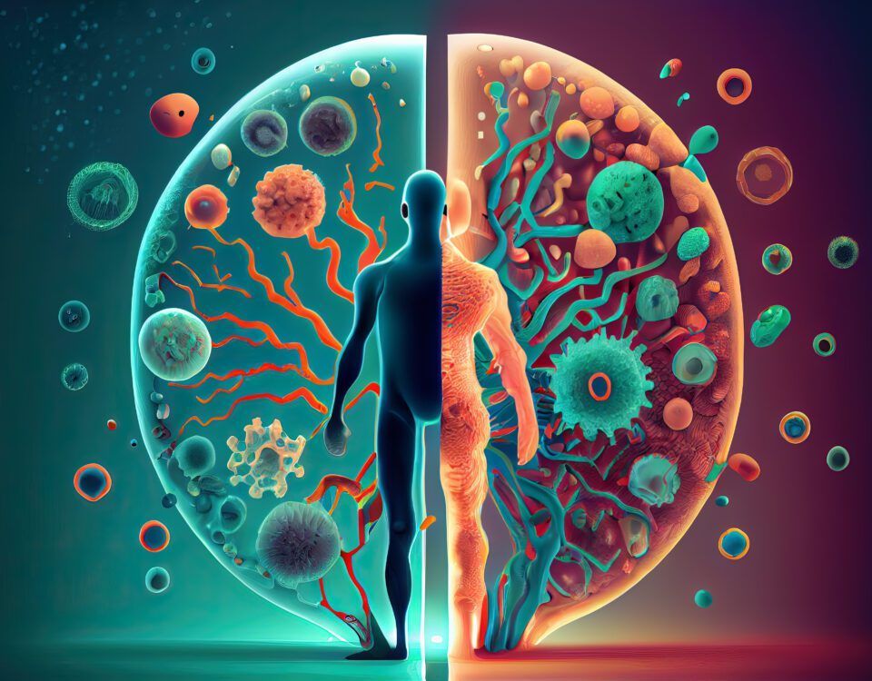 A human silhouette bisects a vibrant depiction of cells and biological structures; left side teal, right side orange.